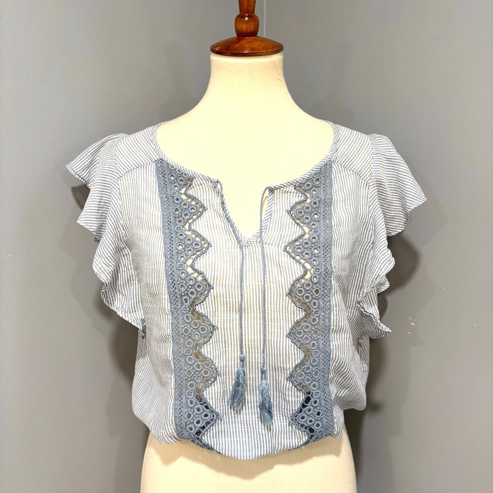 Boho Anthro Style Blue White Striped Tassel Tie Neck Flutter Sleeve Top, Size S